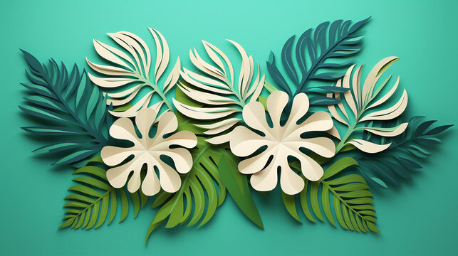 image of paper tropical leaves in paper cut style design on green background