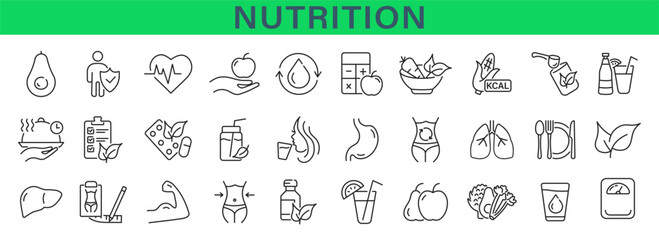 Nutrition icons set. Collection of healthy food and detox. Vector Illustration. - obrazy, fototapety, plakaty