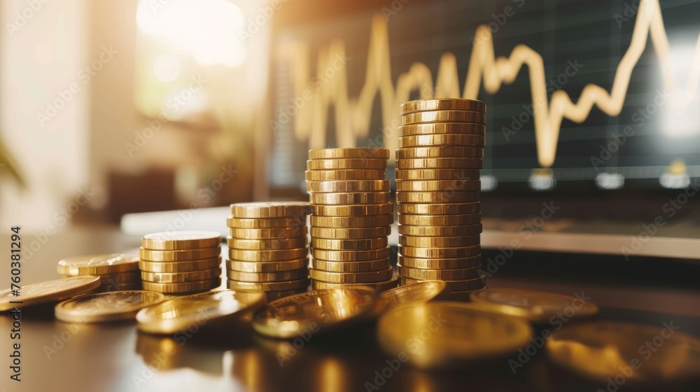 Poster stack of gold coins and stock market graph on the table background.