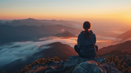 Obraz premium Young woman sitting on the top of a mountain and watching the misty valley.