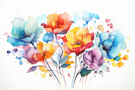 Abstract watercolor flowers drawing on a paper image