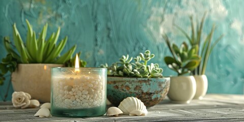 Obraz na płótnie Canvas Serenity Corner. Candle Illuminating a Table adorned with Succulents, Mini Green Plants in Glass Vases, and White Rocks, Against a Stone Background