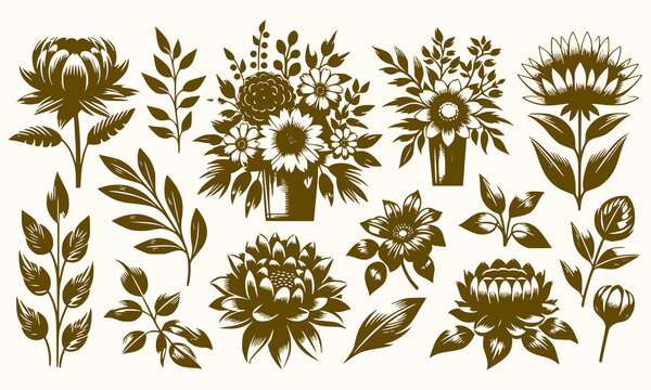Flower collection with leaves floral bouquets vector flowers.