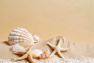 Fototapeta na wymiar Seashells with starfish and stone on sand, beige background. Podium for cosmetics products. Sea summer vacation card with space for the text. generative ai.