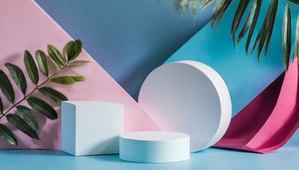 Geometric Elegance: Minimal Style Product Display Podium on Blue and Pink Background