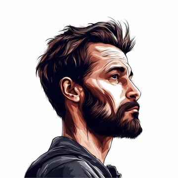 Vector 2D illustration of a man with a stylish hairstyle, beard standing and looking sideways. Generative AI