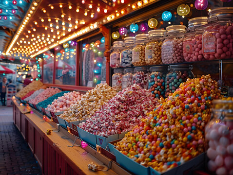  a candy store at night carnival
