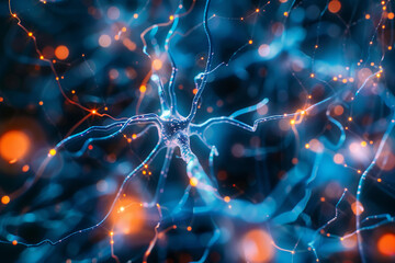 Neuron network sparking, transmitting impulses. Digital brain, neural connections with electrical activity. Neuroscience research, cognitive science representation. Cybernetic network - obrazy, fototapety, plakaty