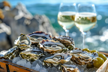 Fototapeta premium Fresh oysters on ice with white wine by the ocean, luxury seaside dining with seafood. Perfect for culinary refinement and summer refreshments. Elegant celebration of marine delicacies