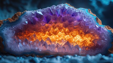 Vibrant purple amethyst crystals glow within a geode, the orange center reflecting the light, highlighting the gem's natural splendor. - obrazy, fototapety, plakaty