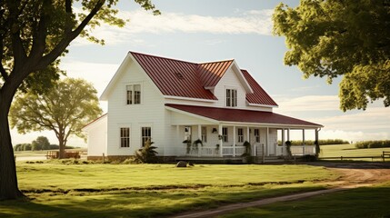 Fototapeta na wymiar country white farmhouse building illustration home architecture, rustic design, porch windows country white farmhouse building