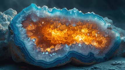 The magical glow from within an illuminated geode crystal reveals brilliant blue and amber colors, showcasing nature's hidden beauty. - obrazy, fototapety, plakaty