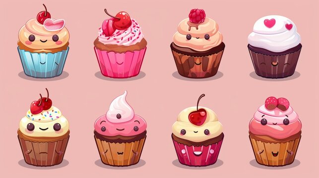 Cute cupcake emoticon set, sweet pastry cartoon vector illustration, kawaii cupcake icon