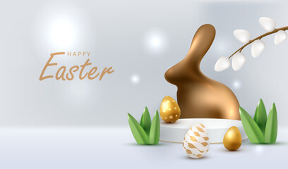 Chocolate rabbit Holiday Easter card. Display podium background. Stage with gold eggs and sweet candy bunny. Studio with white backdrop. Modern creative card vector illustration.	
