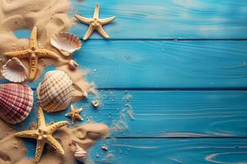 Summer time concept with sea shells and starfish on a blue wooden background and sand. generative ai.