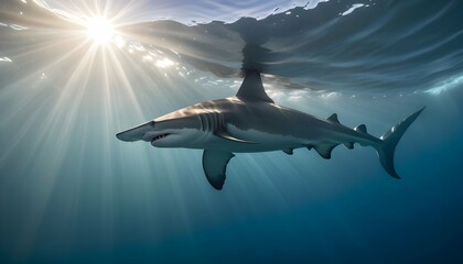 A Hammerhead Shark With Sunlight Filtering Through - obrazy, fototapety, plakaty