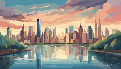 New York city skyline panorama at sunset - obrazy, fototapety, plakaty