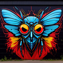 Colorful Abstract Fly Expressive Face Mural in Bold Black, Red, Blue, and Yellow