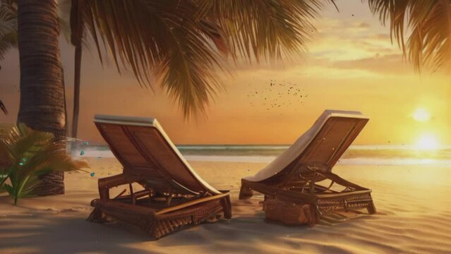 beautiful sunset view on the beach with coconut trees and chairs to relax