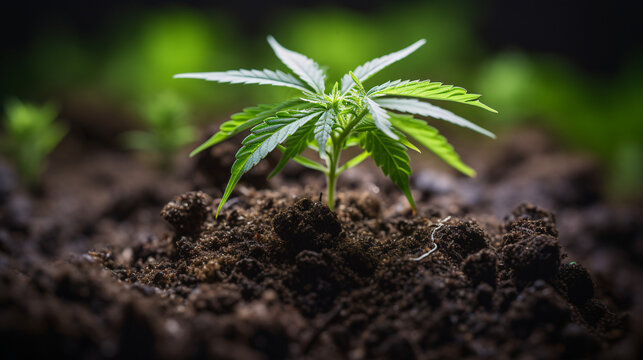 the marijuana plant, a seedling of a marijuana, baby cannabis plant on fresh soil