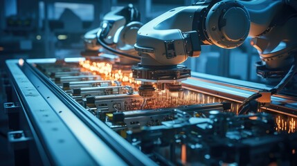 production manufacturing electronics factory illustration assembly technology, automation robotics, quality efficiency production manufacturing electronics factory