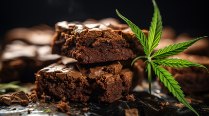 Stack of homemade cannabis chocolate brownies and marijuana leaf on wooden background