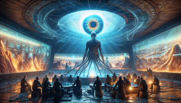 A group of people are gathered around a table in a room with a large alien and eye in the center. mysterious and intriguing, the eye seems to be watching over the people. 