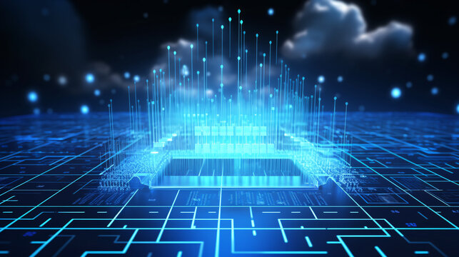 Glowing electronic circuit, electronic circuit board with processor, cloud technology concept
