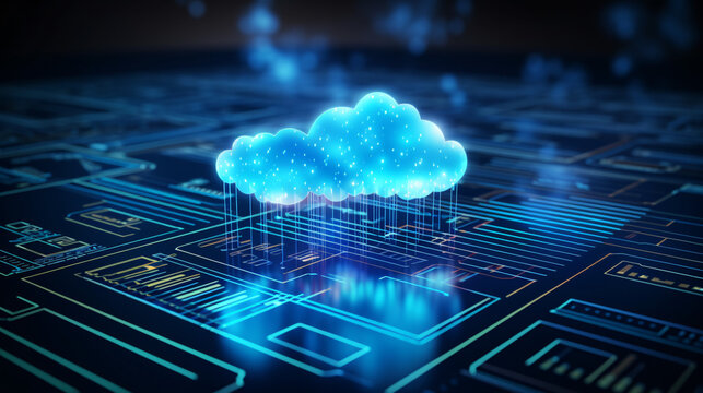 Glowing could with digital number streaks, electronic circuit board with processor, cloud technology concept