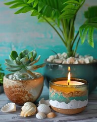 Serenity Corner. Candle Illuminating a Table adorned with Succulents, Mini Green Plants in Glass Vases, and White Rocks, Against a Stone Background