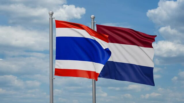 Netherlands and Thailand two flags waving together, looped video, two country relations concept