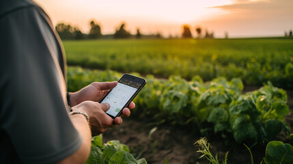 modern farmer using a mobile phone in the field,  a person using a smartphone in his crops in the morning. IOT irrigation system controlled by a smartphone, a modern agriculture concept,