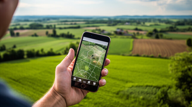 modern farmer using a mobile phone in the field,  a person holding a smartphone in his crops with a map of the land..  a modern agriculture concept,