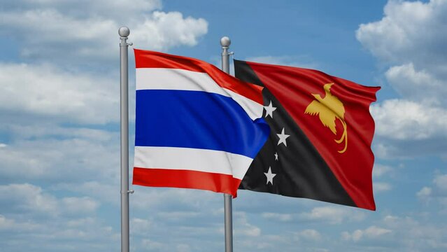 Papua New Guinea and Thailand two flags waving together, looped video, two country relations concept