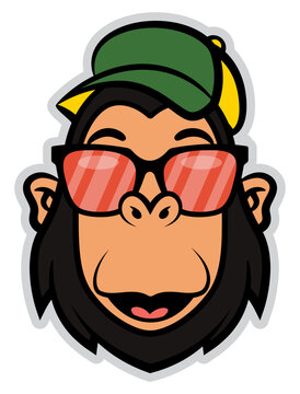 Funny Monkey Head cartoon characters wearing trucker caps and sunglasses. Best for sticker, icon, and logo with summer themes