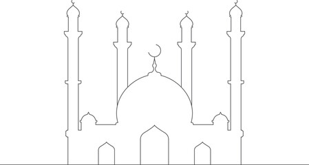 Mosque minimal line art design. Arabic muslim masjid building. Clip art holiday religion.