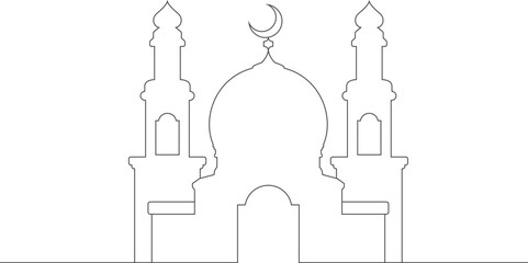 Mosque minimal line art design. Arabic Muslim masjid building. Clip art holiday religion.
