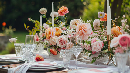 Garden party tablescape, elegance with floral table decor - obrazy, fototapety, plakaty