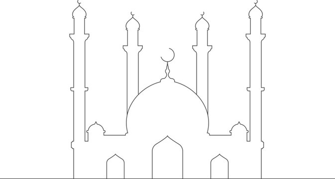 Mosque minimal line art design. Arabic muslim masjid building. Clip art holiday religion.