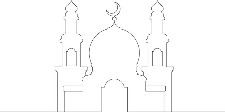 Mosque minimal line art design. Arabic Muslim masjid building. Clip art holiday religion.

