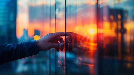 Man's hand open the door of a modern office building at sunset