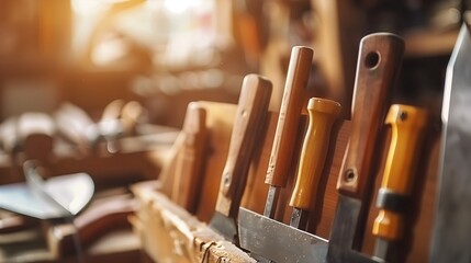 Close-up of woodworking hand tools, including chisels and a saw, with wooden handles lined up on a sunlit workshop shelf. The concept focuses on traditional craftsmanship - obrazy, fototapety, plakaty