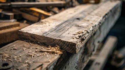 The transformation of a rough wooden plank in a workshop. Photo depicts the textured surface with wood shavings and sawdust, illustrating the woodworking process.