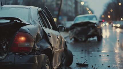 Vehicle collision scene on a wet city street at dusk, with a close-up of a damaged silver car and...