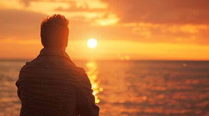 Young man standing on the beach and looking at the sea at sunset