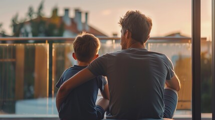 Father and son sitting on the balcony and looking at the sunset.
