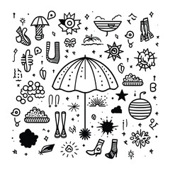 Summer vector elements, Vector Illustrations for Summer, Line Art Graphics for Summer, Beach-Themed Vector Elements, Summer Line Art Vectors, 