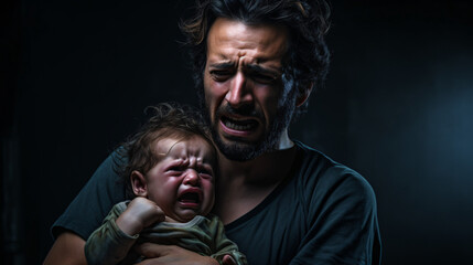 Obraz premium Portrait of a man and a baby crying together in pain, crying and holding an injured baby, father's affection to a child concept