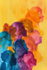 Empowering Diversity. International Womens Day 2024 Greeting Card Featuring Watercolor Silhouettes of Beautiful Women on Yellow Background