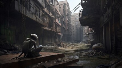 Alien in the old abandoned building